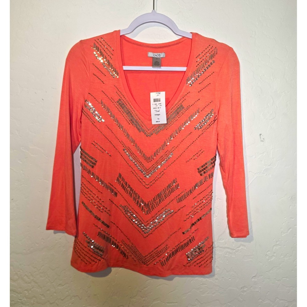 Cache vintage Womens Pink Solid Knit V-Neck Long Sleeve Sequin Top Size S